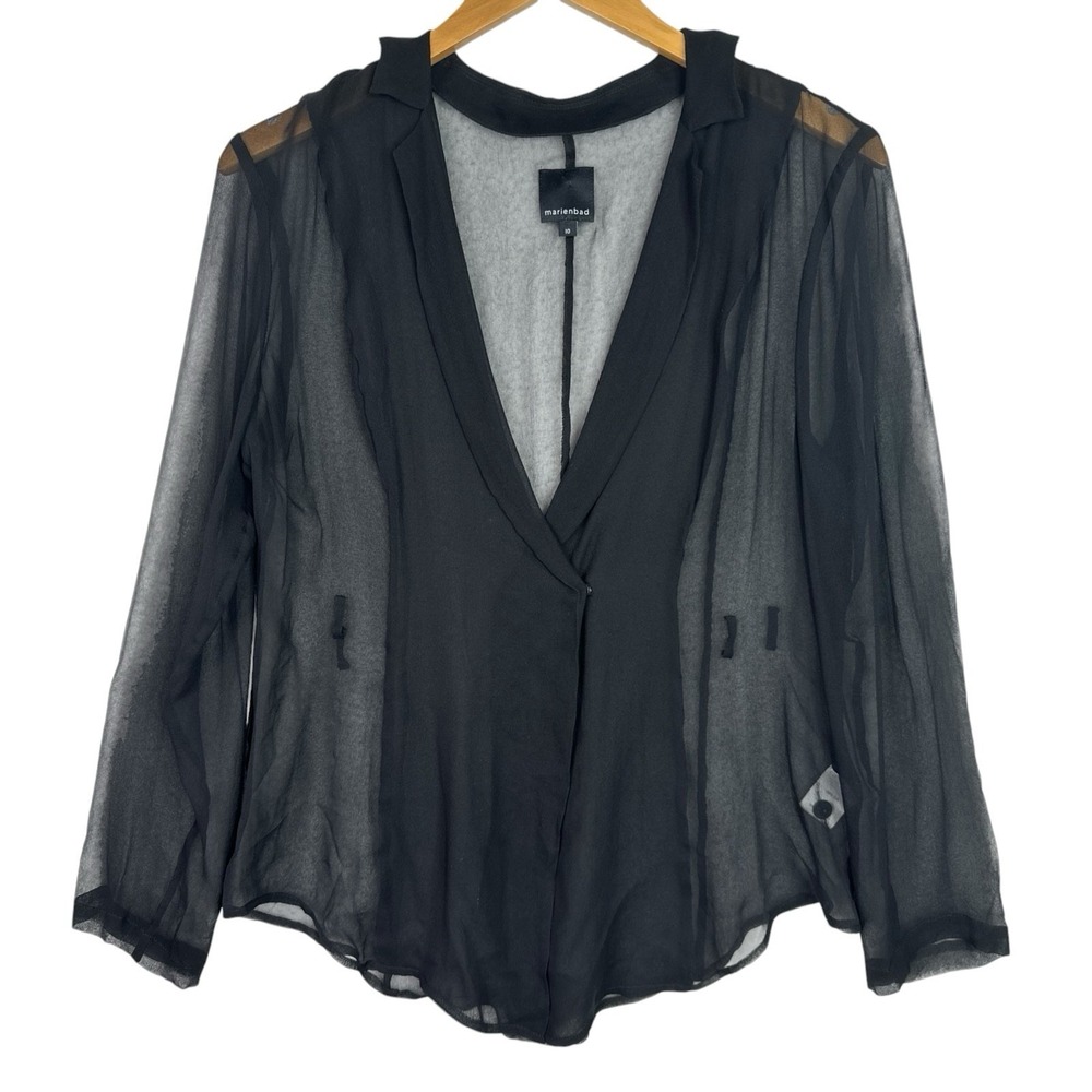 Marienbad 100% Silk Sheer Blouse Women's Size 10 Black Long Sleeve Snap Front